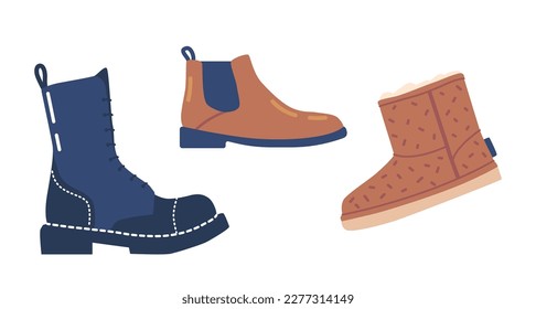 Set Of Autumn Or Winter Shoes, Comfortable Casual Style Footwear. Ugg Boots And Elegant Footgear For Cold Season