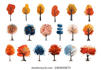 Set Autumn and winter watercolor trees. Hand drawn. Flat vector illustration. Isolated cartoon