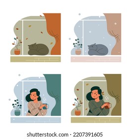Set of autumn and winter windows illustrations. Funny sleeping cat and cute cartoon woman drinks coffee.