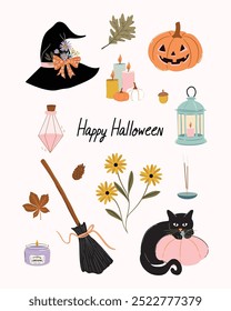 Set of Autumn witch theme illustrated objects with Happy Halloween text for posters, Cards, banners, stickers. Hand drawn Pumpkin, Cat, lantern, witch hat, Witch Broom.