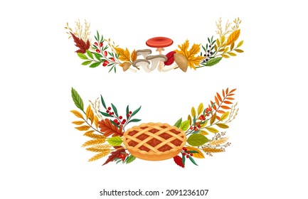 Set of autumn wreath with colorful leaves, pie and mushrooms set. Thanksgiving Day decor elements vector illustration