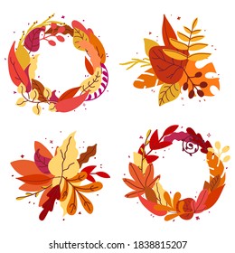 Set of autumn wreaths and compositions . Decorative floral elements made of colorful autumn leaves. hand-drawn, vector illustration.