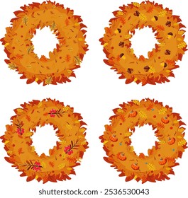Set of autumn wreaths from leaves, berries, pumpkins, acorns, viburnum. Vector in flat style