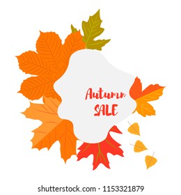 Set of autumn yellow leaves and blot emblem with text autumn sale