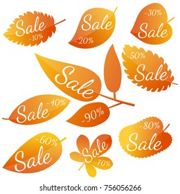 Set of autumn yellow-red leaves with inscription "Sale". Discounts from 10 to 90 percent. Vector illustration. 
