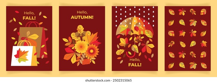 Herbstliche Hintergründe mit Ahorn, Kastanie, Eiche, Eiche, Eberesche, Blumen, Einkaufstasche, Regenschirm. Hell, kreativ, Herbstflieger, Preisschild, Label für Saisonverkauf