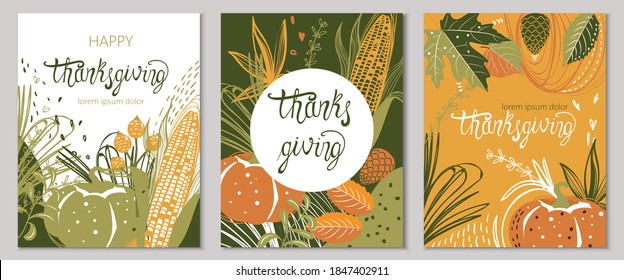 Set of autumnal cards with corn, pumpkins, leaves and twigs. Happy thanksgiving. Place for text. Vector