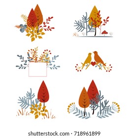 Set of autumnal floral cards with abstract leaves, trees, and birds. Autumn composition collection