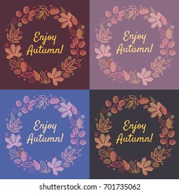 Set of Autumnal round frames. Hand drawn vector. Wreath of autumn leaves