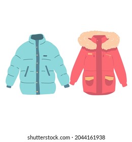 set of Autumnal and Winter Outerwear with Long Sleeved Clothing Items Vector Set flat women's clothing red blue