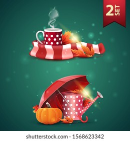 Set of autumns 3D icons, mug of hot tea, warm scarf, garden watering can, umbrella and ripe pumpkin