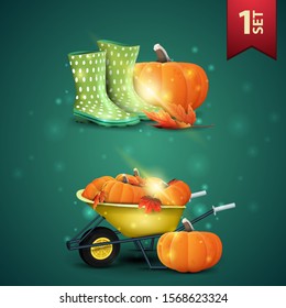 Set of autumns 3D icons, rubber boots, pumpkin, garden wheelbarrow with a harvest of pumpkins and autumn leaves