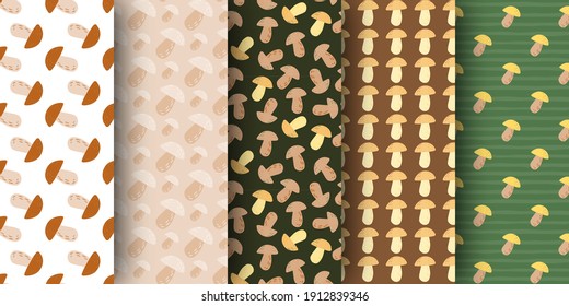 Set of autumns seamless stylized pattern with mushrooms ornament. Simple nature backdrop collection. Decorative backdrop for wallpaper, textile, wrapping paper, fabric print. Vector illustration.