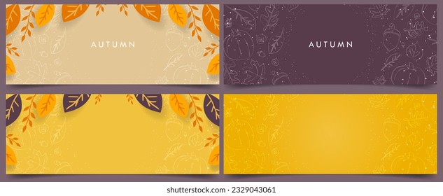 Set von Herbstmotiven Banner und Deckplatten mit handgezeichneten Herbstelementen Blättern, Ahorn, Akkorn, Kürbis. Vektorgrafik. EPS10.