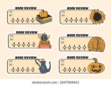 A set of autumn-themed book review stickers.