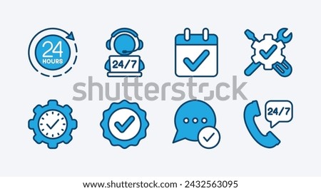 Set of available service and support icon. Containing 24 hours, contact call center, calendar, technical assistance, time management, help desk, chat communication. Vector illustration