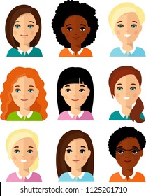 Set of avatar african american, european woman in flat colorful style
Occupation avatars of international different manager female. Collection of different avatar people female in colorful flat style.