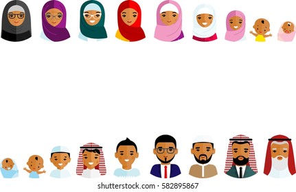 Set of avatar arab people in flat colorful style
Occupation avatars of  arabic kids in national costumes
