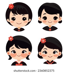Set avatar of an Asian girl. The young woman smiles. Vector flat illustration