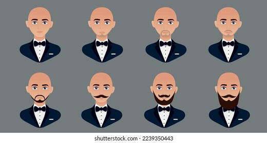 Set avatar of a bald man in a business suit with a bow tie. Collections of avatars with different beards. Beautiful male faces.
