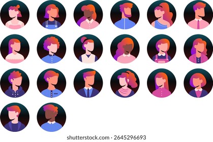 set of avatar cartoon user profile image collection for UI mobile Male and female faces. Men and women portraits. Unknown or anonymous person gradient style illustrations vector group of people