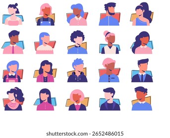conjunto de colección de Imagen de perfil de usuario de dibujos animados de avatar para UI móvil Caras masculinas y femeninas. Retratos de hombres y mujeres. Ilustraciones de contorno de persona desconocida o anónima Grupo de Vector de personas	