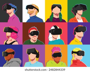 Set of avatar character portrait using virtual reality headset. Different people of men and women. For profile, avatar, poster, or design purpose. Flat vector illustration.