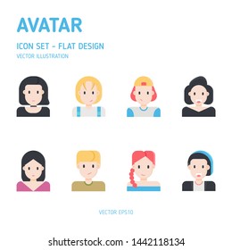 Set of Avatar Characters Flat Icons. Beautiful Woman Flat Design icon set. Vector icon.
