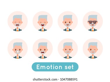 A set of avatar elderly businessman. Different emotions