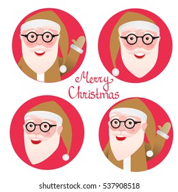 Set avatar face Santa Claus. Clothing gold. Merry Christmas and Happy New Year decoration. Vector illustration isolated. Cartoon character of modern glasses hipster.