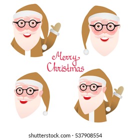 Set avatar face Santa Claus. Clothing gold. Merry Christmas and Happy New Year decoration. Vector illustration isolated. Cartoon character of modern glasses hipster.