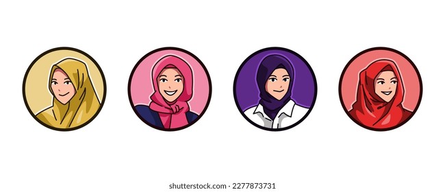 un avatar de personajes femeninos con velo islámico, pañuelo en la cabeza, hijab, chador. round, icono de círculo para medios sociales, perfil de usuario, sitio web, aplicación. Estilo de dibujos animados de líneas. ilustración vectorial.