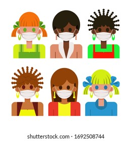 Set of avatar with female in white medical mask. Icons women of different ages and nationalities during the quarantine. Stop the coronavirus 2019. Human protection from pneumonia outbreak. Vector 