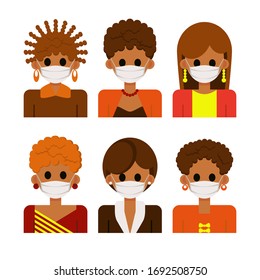 Set of avatar with female in white medical mask. Icons women of different ages and nationalities during the quarantine. Stop the coronavirus 2019. Human protection from pneumonia outbreak. Vector 