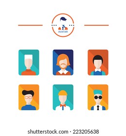 Set of avatar flat design icons. Young man and male faces vector illustration.