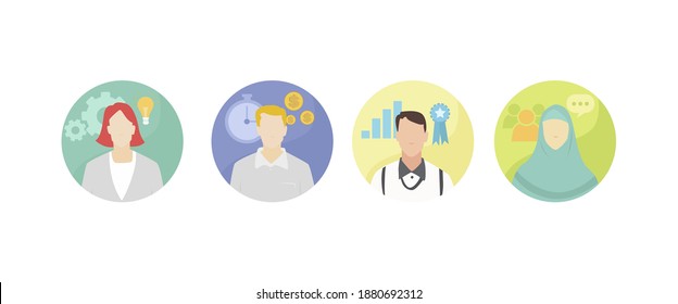 Conjunto de Avatar ilustración de diseño plano medio empresario y empleada de la mujer para compañía de íconos de perfil e infografía