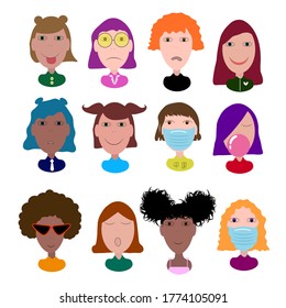 Set of avatar girls. Icon set of girls faces on a white background