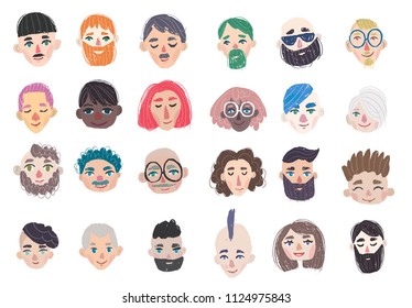 Set avatar icons. Different characters portraits. Men heads. Vector illustration. Cute cartoon style people 
