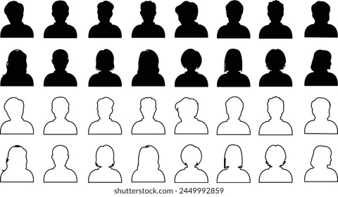 Set of Avatar icons in flat styles with editable stock. Silhouette profile symbols. Anonymous user portrait. Profile pictures on transparent background. Person silhouette that can used in designs.