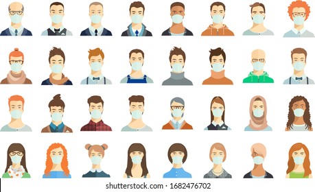 Set of avatar icons. People wearing masks