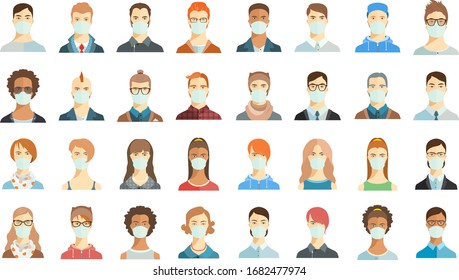 Set of avatar icons. People wearing masks.