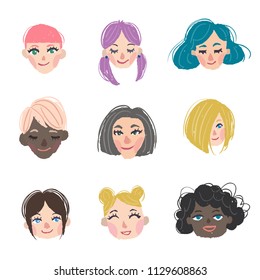Set avatar icons. Women heads. Vector illustration. Cute cartoon style people characters
