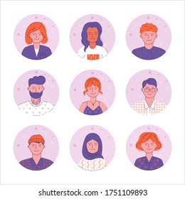 Set of avatar iillustrations. Avatar icons set. People portraits icon set. Male and female faces in outline style. Minimal vector illustrations. Man and woman editable stroke.