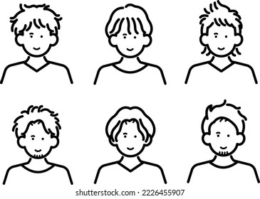 Set of avatar illustrations of men with curly hairstyles, line drawing.