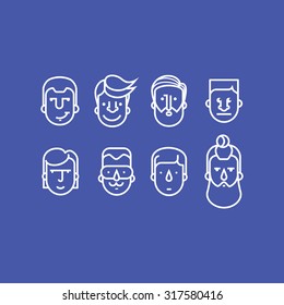 Set of avatar male icons on violet background