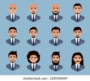 Set avatar of a man in a business suit with dark hair. Collections of avatars with different haircuts. Beautiful male faces and hairstyles.