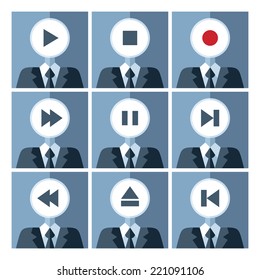 Set of avatar media control buttons.flat icons. business metaphor 