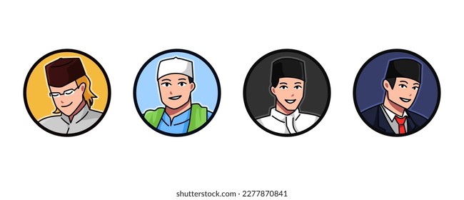 set avatar of a Muslim male characters wearing a Muslim cap, kopiah, songkok. round, circle icon for social media, user profile, website, app. Line cartoon style. vector illustration.