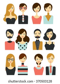 Set of Avatar people head. Various cartoon modern faces. Flat design vector illustration.