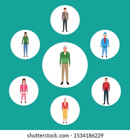 set of avatar people standing and wearing casual clothes over white circles and blue background, colorful design. vector illustration